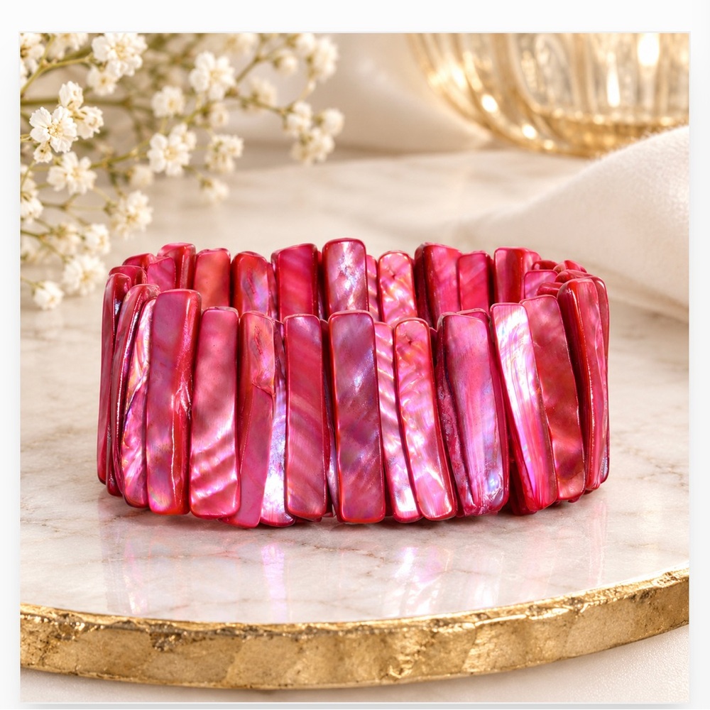 Vintage Handmade Hot Pink Abalone Iridescent Shell Stretch Bracelet Boho